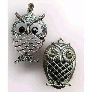 2 Openwork Latticed Black-Eyed Wise Hoot Owl Silvertone Pendant  Only Necklace